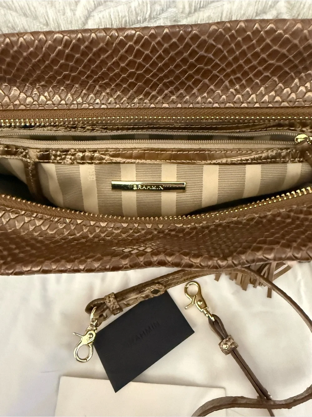 Croc-Embossed Tote in Beige and Brown with Red Trim